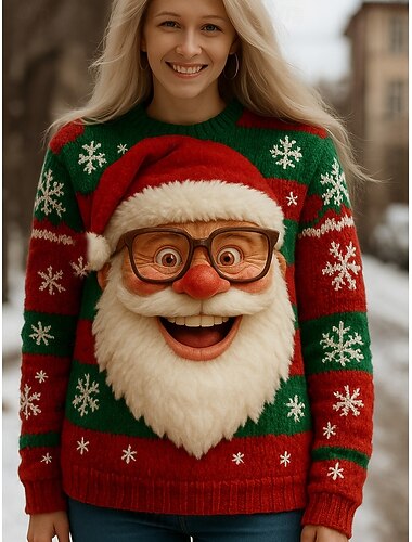  Dame Genser søt stil Fritid Grafisk julenissen Crew-hals Lapper Strikket Langermet Vanlige topper Strikke Jul Fest Ferie Blå Rosa Høst Vinter