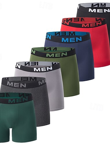  Herre 7 stk / pakke Grunnleggende truser Boxer Underbukse Elastisk midje Bomullsblanding Terylene Pusteevne Bekvem Fargeblokk Bokstaver Multifarget