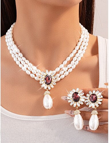  פנינה של נשים &סט תכשיטי קריסטל בצורת דמעה - שרשרת רב שכבתית אלגנטית ועגילי תלייה למסיבות, אירועי ערב &אירועים מיוחדים