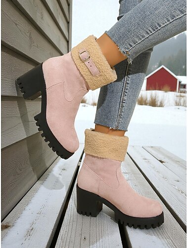  Winterstiefel mit Blockabsatz für Damen – knöchelhohe Stiefeletten aus Kunstfell mit Schnallenriemen, warm, rutschfest und modisch für Freizeit und Outdoor-Aktivitäten