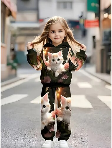  Dla dziewczynek 3D Graficzny Kot Zestaw bluzy i spodni dresowych Dres sportowy Odzież treningowa Długi rękaw Wiosna Jesień Codzienny Podstawowy Dzieci 4 lata + Kaptur Na zewnątrz Urlop Sport
