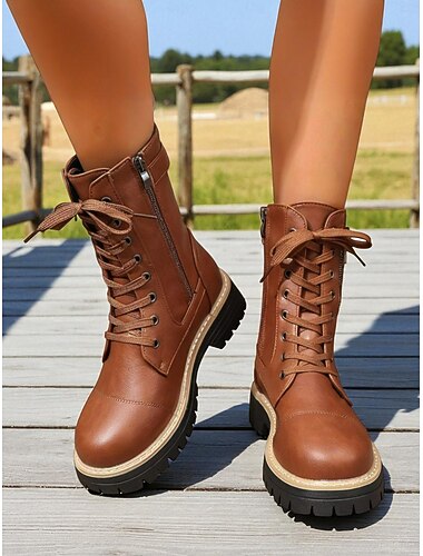  Braune Damen-Schnürstiefel aus Kunstleder mit seitlichem Reißverschluss und Schnallenriemen, klobige Sohle, Militärstiefel für Herbst-Winter-Outdoor-Mode