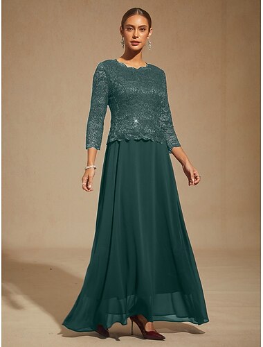  Dame Maxikjole Chiffonkjoler Elegant Bryllupsgjest Aftenselskap Normal Helfarge 3/4 ermer Crew-hals Smaragd Grønn Vår Høst Vinter