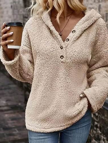  Women's Pullover Hoodie Sweatshirt Plain Casual Long Sleeve Hooded Regular Tops Street Holiday Buttons Blue Pink Apricot Gray Fall Winter