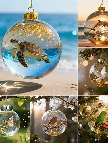  Collezione di meraviglie della fauna selvatica, ornamenti a forma di sfera di cristallo con uccelli, palla di Natale con animali 3D realizzata a mano, marina &palline di Natale trasparenti in plastica