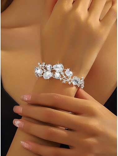  Bransoletka damska z kryształkami - błyszcząca srebrna regulowana bransoletka na imprezę końcoworoczną, wesele i wieczorne okazje