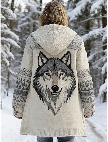  Per donna Cardigan Quotidiano Casual Grafico Animale Geometrico A Coste Con Cappuccio Patchwork Tasca Bottoni Manica Lunga Top corti Maglia All'aperto Weekend Grigio Autunno Inverno