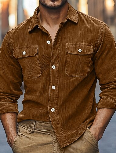  Voor heren Corduroyshirt Zwart Paars Bruin Grijs Lange mouw Effen Kraag Strijkijzer Casual Buiten Zak Kleding Vintage Klassiek Casual