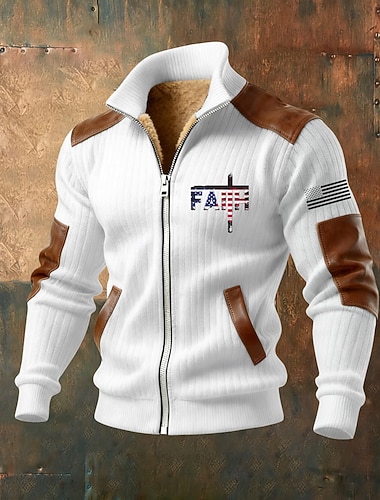  رجالي هودي بسحاب كامل سترة الصوف هوديي الصوف أسود أبيض أخضر داكن أزرق البحرية بني رقبة طوقية مرتفعة صليب العلم الأمريكي إيمان جيب لمسات من الجلد الصناعي الرياضة & في الخارج فضفاض مناسب للبس اليومي