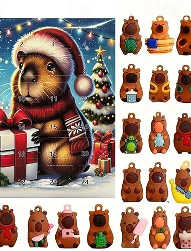  Адвент-календарь с капибарами 2025, рождественский календарь обратного отсчёта на 24 дня с 24 украшениями в виде капибар, 3D-коллекционные украшения в виде капибар, рождественский декор, милая