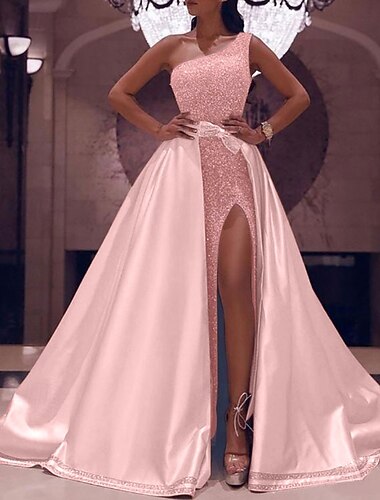  Ballkjole Gulvlengde Ballkjoler Kveldskjoler Ballkjole med overskjørt Formell kjole Glitrende Sexy Høy splittelse Ermeløs Enskuldret Bryllupsgjest Aftenselskap Avtagbar Sateng med Sløyfe(r) Paljett