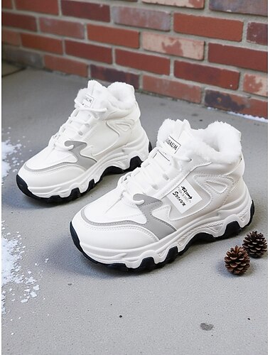  Dámské bílé teplé robustní tenisky s fleecovou podšívkou – stylové zimní tenisky na chůzi, cestování, outdoorové aktivity a každodenní nošení