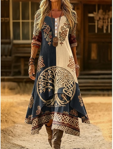 Damen Midikleid Shiftkleid Urlaub Lässig Boho Täglich Ferien Normale Passform Blumen Grafik Geometrisch Langarm Rundhalsausschnitt V Ausschnitt Leicht Braun Herbst Winter