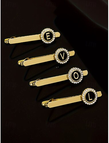  Sett med slipsklype, mansjettknapper og jakkeslagsnål i legering for menn – elegant design i svart og gull med krystalldetaljer, personliggjort med 26 initialer, perfekt gave til formelle arrangementer og forretningsantrekk