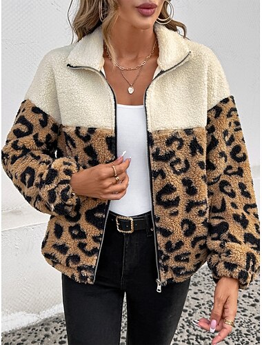  Γυναικεία Χειμερινό παλτό Μπουφάν fleece Άνετο Αναπνέει Φερμουάρ Τσέπη Μπλοκ χρωμάτων Στάμπα Καθημερινό Λεοπάρ Διακοπές Δρόμος Causal Καθημερινά Ρούχα Φερμουάρ Κανονικό Απορρίπτω Κανονικό Μακρυμάνικο