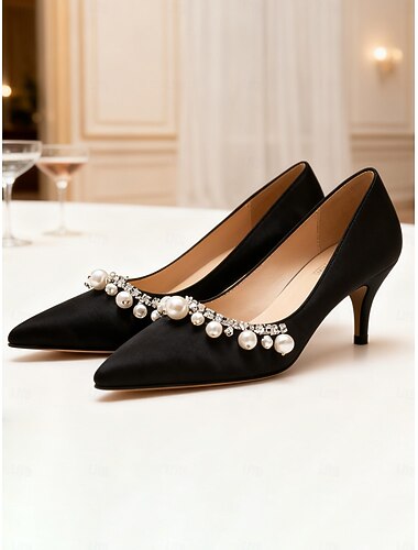  Scarpe con tacco da donna in raso bianco impreziosite da perle - eleganti décolleté con punta affilata e tacco basso per matrimoni, feste o eventi serali formali