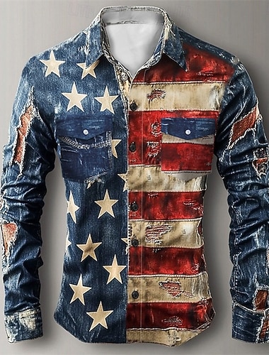  男性用 国旗 シャツ ボタンダウンシャツ カジュアルシャツ 長袖 カジュアル 快適 バケーション ストリート 祝日 春 秋 ラペル ポケット プリント ブルー ブラック