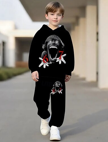  Unisexo Chico 3D Graphic Jerga divertida 67 Conjunto de sudadera con capucha y pantalones deportivos Traje Deportivo Chándales Manga Larga Impresión 3D Primavera Otoño Deportes Moda Casual Niños 4-12