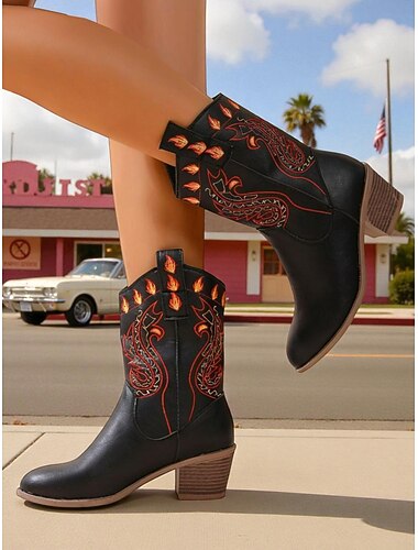  炎の刺繍とブロックヒールを備えたレディースカウボーイブーツ - ヴィンテージウエスタンスタイル。カジュアルな外出、フェスティバル、普段使いに最適です。
