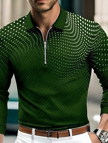  Herre Geometrisk Polo Langermet Aftæpning Moderne Fritid treningsklær Fritid / hverdag Glidelås 3D-utskrift Vår Høst Vinter Svart Blå Grønn