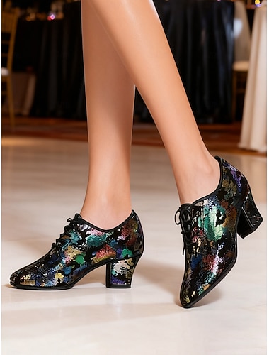  Damskie wielokolorowe buty do tańca latynoamerykańskiego - profesjonalne buty sznurowane do tańca towarzyskiego tango jazz z artystycznym wzorem i średnim obcasem, idealne do występów i ćwiczeń