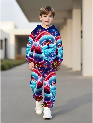  Navidad Chico 3D Graphic Papá Noel Conjuntos navideños regalo de Navidad Conjunto de sudadera con capucha y pantalones deportivos Manga Larga Primavera Otoño Diario Básico Casual Niños 4-12 años Con