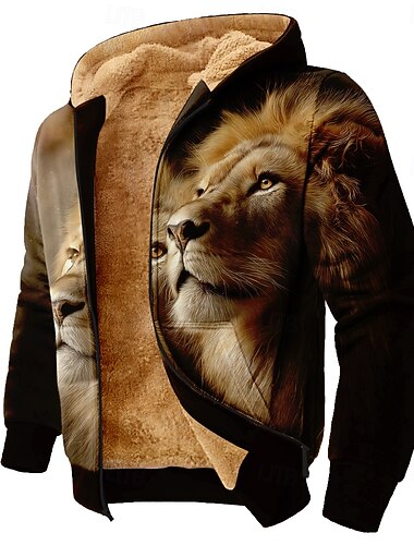  Miesten Leijona Fleece Huppari Takki College Klassinen 3D Tiukka pyöreä kaula-aukko ulko- Retkeily Musta Sulkea jnk vetoketju Syksy Talvi Suunnittelija S M L XL 2XL 3XL