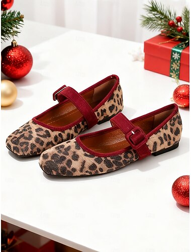  Damen-Mary-Jane-Ballerinas mit Leopardenmuster und Samtriemen mit Schnalle – Vintage-Stil, perfekt für Weihnachten, festliche Anlässe und den Alltag