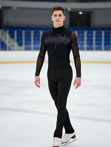  Kunstschaatstopje Voor heren Jongens Schaatsen Tops Zwart Lapwerk Spandex Hoge Elasticiteit Opleiding Professioneel Wedstrijd Kunstschaatskleding Klassiek Kristal / Bergkristal Lange mouw Schaatsen