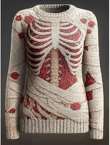  Kvinnors tröja skelett mode avslappnad grafisk skelett crew neck patchwork stickad lång ärm vanlig topp stickad svart rosa höst vinter