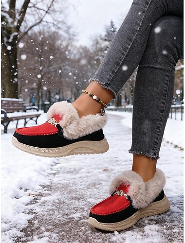  Röda slip-on casual sneakers för kvinnor med plyschigt pälsfoder – bekväma och snygga skor för vinter, utomhuspromenader och vardagsbruk