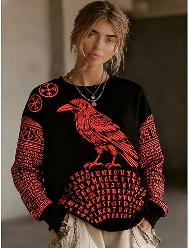  γυναικείο φούτερ Viking με γραφικό vintage casual μακρυμάνικο στρογγυλό ντεκολτέ κανονικές μπλούζες street dailywear casual κόκκινο άνοιξη φθινόπωρο χειμώνας