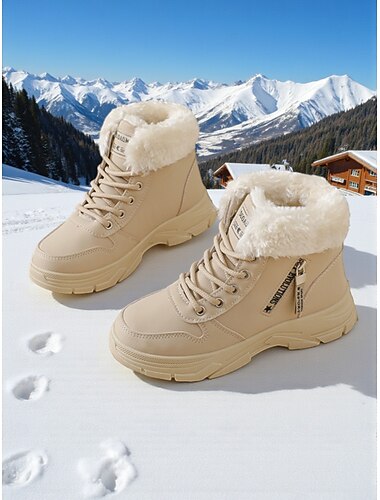  حذاء رياضي نسائي أبيض دافئ ذو رقبة عالية مع بطانة من الفرو الصناعي - حذاء شتوي عصري بنعل سميك للارتداء في الهواء الطلق