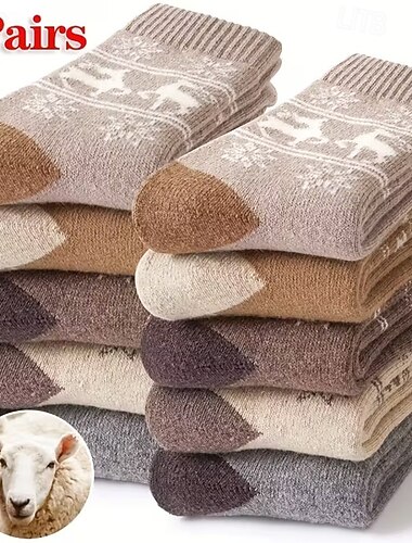  5 أزواج من الجوارب الشتوية السميكة للنساء - مبطنة بالصوف، جوارب حرارية دافئة ومريحة، جوارب عيد الميلاد، جوارب أرضية للطقس البارد