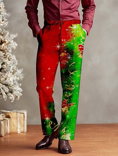  Noël Homme Arbre de Noël Bloc de couleurs Pantalons Dress Pants works Pantalons de Costume Taille Moyenne Occasionnel Extérieur Fête Pantalon droit avec poches Automne Hiver Impression 3D Rose Claire