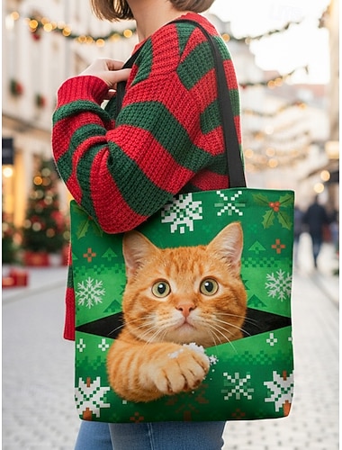  Juleveske til dame, grønt snøfnugg og Fair Isle-mønster, polyesterflokkmateriale, festlig ingefærkattdesign, julehandels- og gavepose