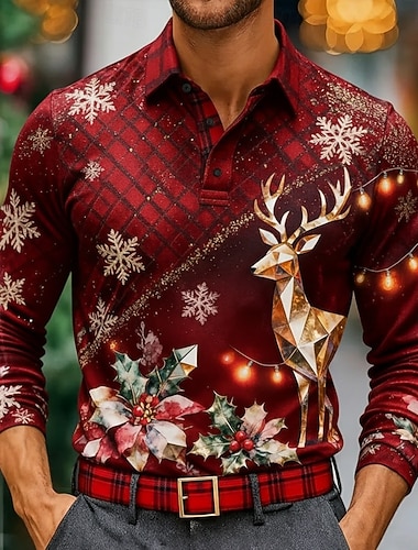  Noël Homme Chaque Polo manche longue Polos Revers Occasionnel Extérieur Fête Tenue de fête Impression 3D Boutons Printemps Automne Hiver Rouge 1 Rouge Violet