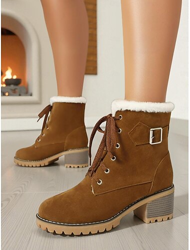  Hellbraune, fleecegefütterte Winterstiefeletten für Damen – warme, robuste Schneestiefeletten mit Blockabsatz, rutschfeste Outdoor-Schuhe für Arbeit, Reisen, Shopping und kaltes Wetter