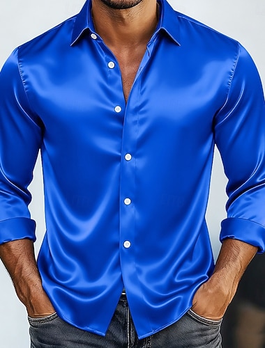  Per uomo Camicia Camicia in raso Camicia elegante Camicia casual Camicia con Bottoni Camicia da Ballo Semplice Formale Matrimonio Blu chiaro Bianco Blu reale Oro Manica Lunga Bavero Tutte le stagioni