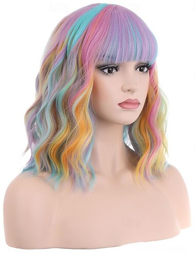  14 Zoll lange Regenbogenperücke, kurze, gewellte Pastellperücke mit Pony, mehrfarbige Perücke für Damen und Mädchen, hitzebeständige Kunsthaarperücke, Cosplay-Kostümperücke für Karnevalspartys