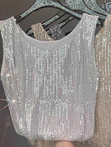  Damen Bluse Pailletten-Oberteile Camisole-Tanktop Einfach Elegant Metallisch Stilvoll Ärmellos Rundhalsausschnitt Normale Oberteile Täglich Ferien Ausgehen Pailletten Glitzer Schwarz Weiß Wein Sommer