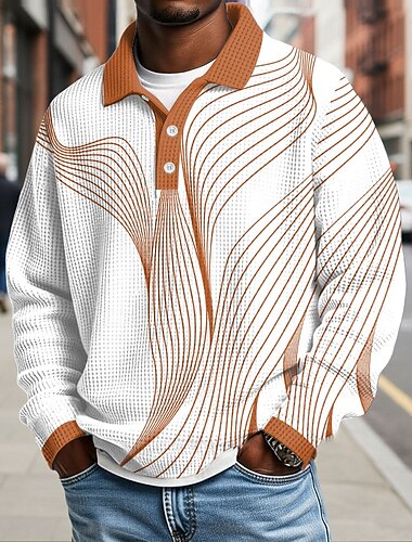  בגדי ריקוד גברים גאומטרי קו חולצות פולו וופל שרוול ארוך חולצות פולו חולצות עם צווארון עסקים מזדמנים עֵסֶק ללבוש לעבודה לבוש יומיומי כפתורים אביב סתיו חורף אודם פול כתום