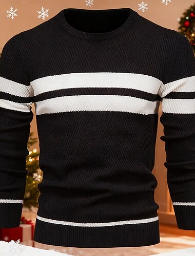  Муж. Рождественский джемпер Рождественские свитера Вязаная ткань Праздничный свитер Пуловер Свитер Вязать Трикотаж Полоски Вырез под горло Стиль на открытом воздухе Дом Одежда Осень Зима Черный Синий