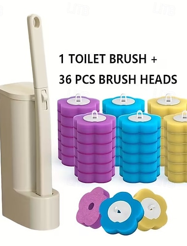  37-delers veggmontert toalettbørstesett med holder, inkluderer 36 flerfargede erstatningsbørstehoder, engangs toalettbørster for badet, veggmontert toalettbørstestativ