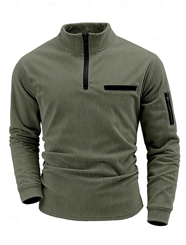  Herren Cordhemd Reißverschluss-Polo Lässig Sport im Freien Stehkragen Viertelreißverschluss Langarm Mode Basic Einfach Viertel Postleitzahl Warm Frühling & Herbst Normale Passform Marinenblau Grün