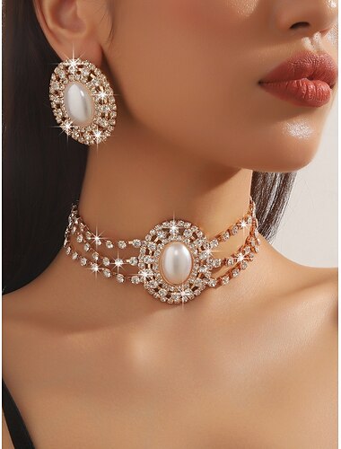  Ensemble de bijoux pour femme en perles et strass : collier ras-de-cou ovale vintage et boucles d'oreilles imposantes, idéal pour une soirée, un mariage ou tout autre événement.