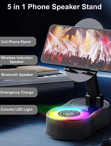  Fünf-in-eins-Gerät: kabelloser Sensor-Lautsprecher, Handyhalterung, 2000-mAh-Powerbank, farbiges Umgebungslicht, 180° drehbares Falt-Design, hochauflösender Stereoklang. Geeignet für alle