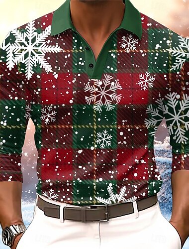  Χριστούγεννα Ανδρικά Χιονονιφάδα Πόλο Μακρυμάνικο Μπλουζάκια πόλο Πέτο Καθημερινό ΕΞΩΤΕΡΙΚΟΥ ΧΩΡΟΥ Καθημερινά Ρούχα Φεστιβάλ στολή 3D εκτύπωση Κουμπιά Άνοιξη Φθινόπωρο Χειμώνας Κόκκινο 1 Κόκκινο 3