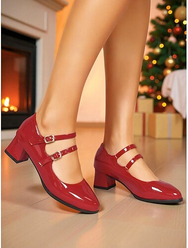  Røde Mary Jane-hæler i lakkskinn til dame med doble spenner – vintagestil fra 1950-tallet, ideelle for julefester, høytidssamlinger og formelle arrangementer