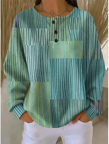  Mulheres Moletom Geométrica Listrado Casual Manga Longa Decote Redondo Tops regulares Casual Dia a Dia Azul Roxo Verde Outono